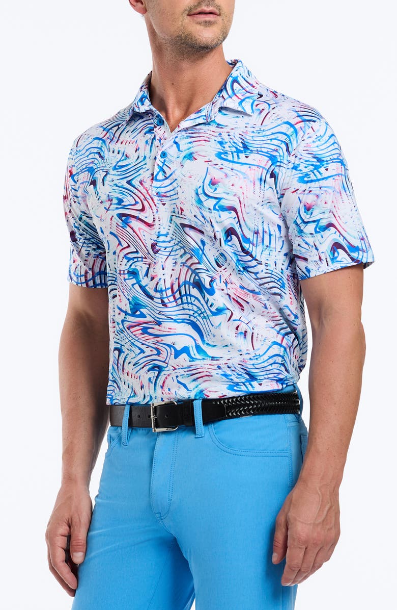 Robert Graham Wavelength Abstract Print Cotton Blend Performance Golf Polo, Alternate, color, Blue