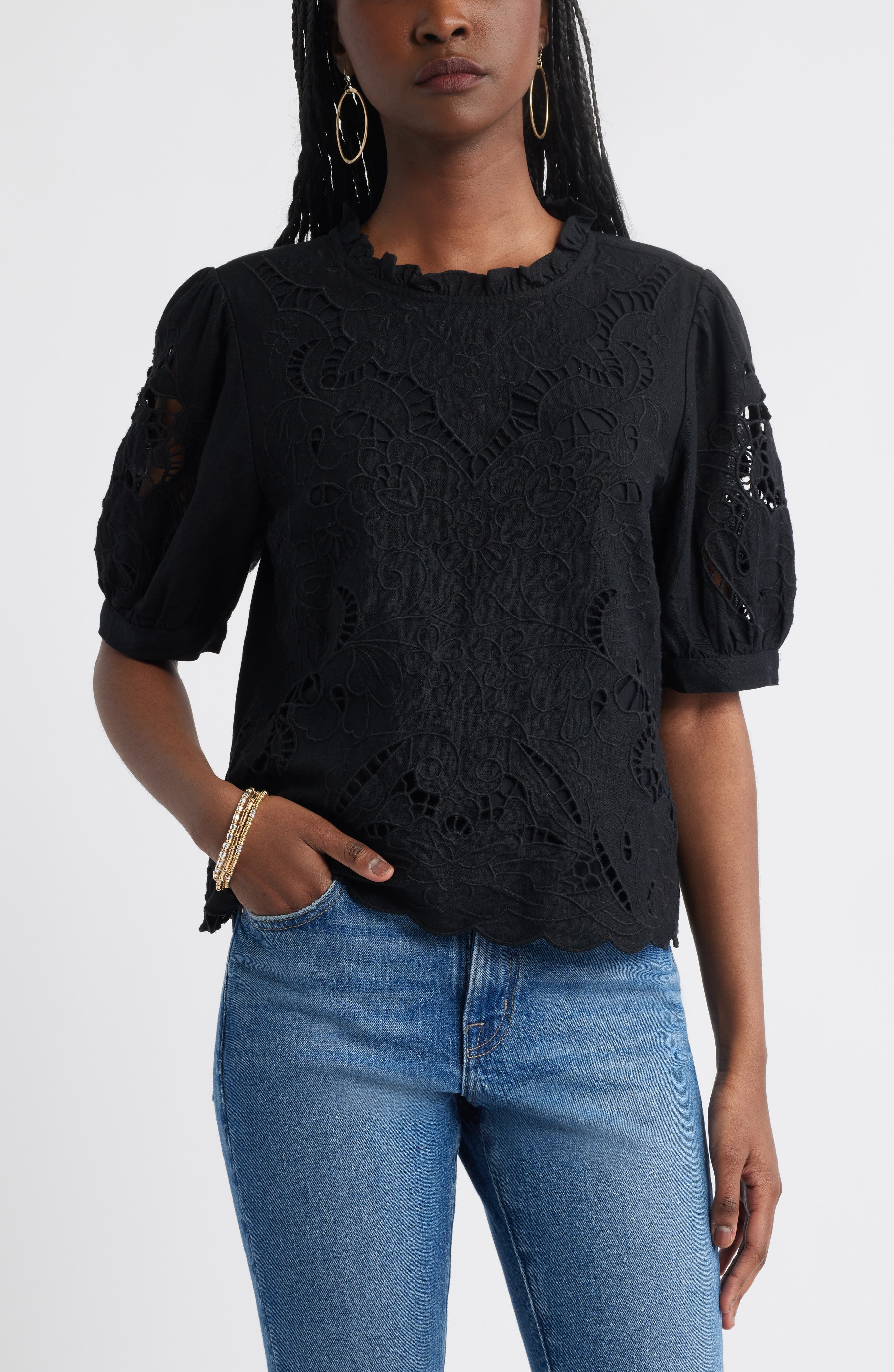 Treasure & Bond Embroidered Cutwork Puff Sleeve Linen Blend Top