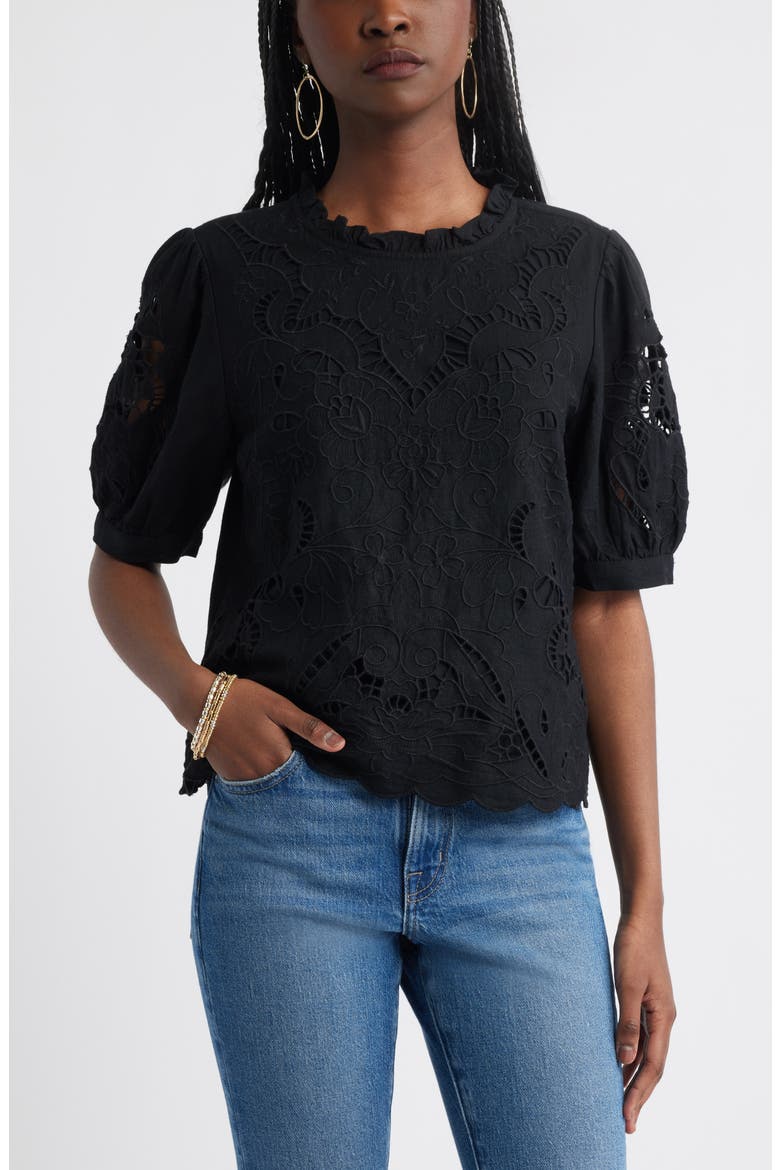 Embroidered Cutwork Puff Sleeve Linen Blend Top, Main, color, BLACK
