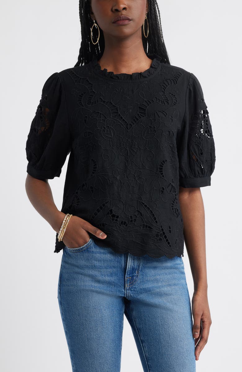 Treasure & Bond Embroidered Cutwork Puff Sleeve Linen Blend Top, Main, color,