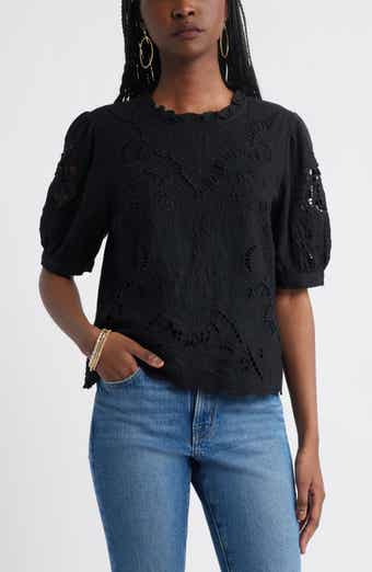 Treasure & Bond Embroidered Cutwork Puff Sleeve Linen Blend Top