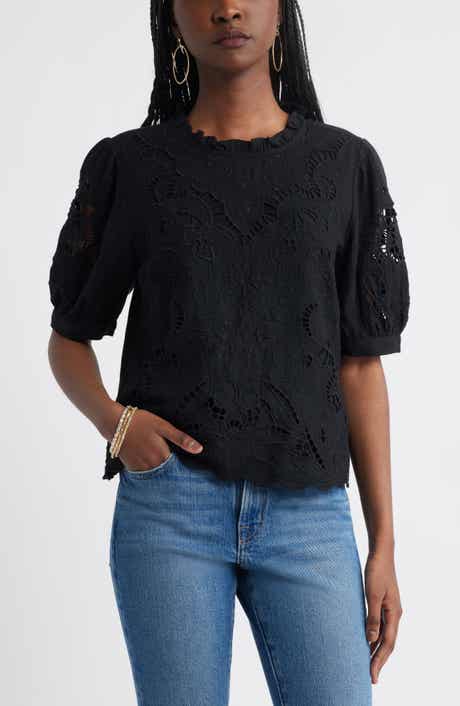 Treasure & Bond Embroidered Cutwork Puff Sleeve Linen Blend Top