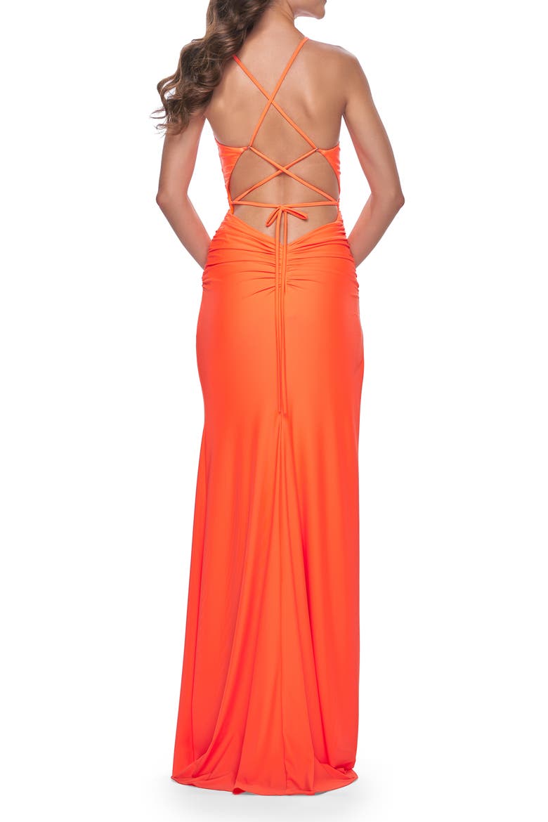 Ruched Jersey Dress with Draped Neckline and High Slit, Alternate, color, Bright Orange