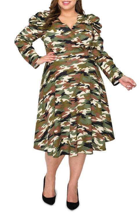 Statement Shoulder Long Sleeve Stretch Fit & Flare Dress (Plus)