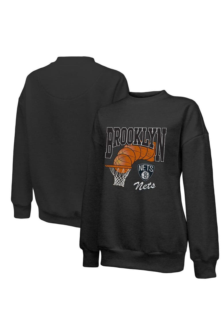 Women's Majestic Threads Black Brooklyn Nets Bank Shot Pullover Tri-Blend Sweatshirt, Main, color, Black
