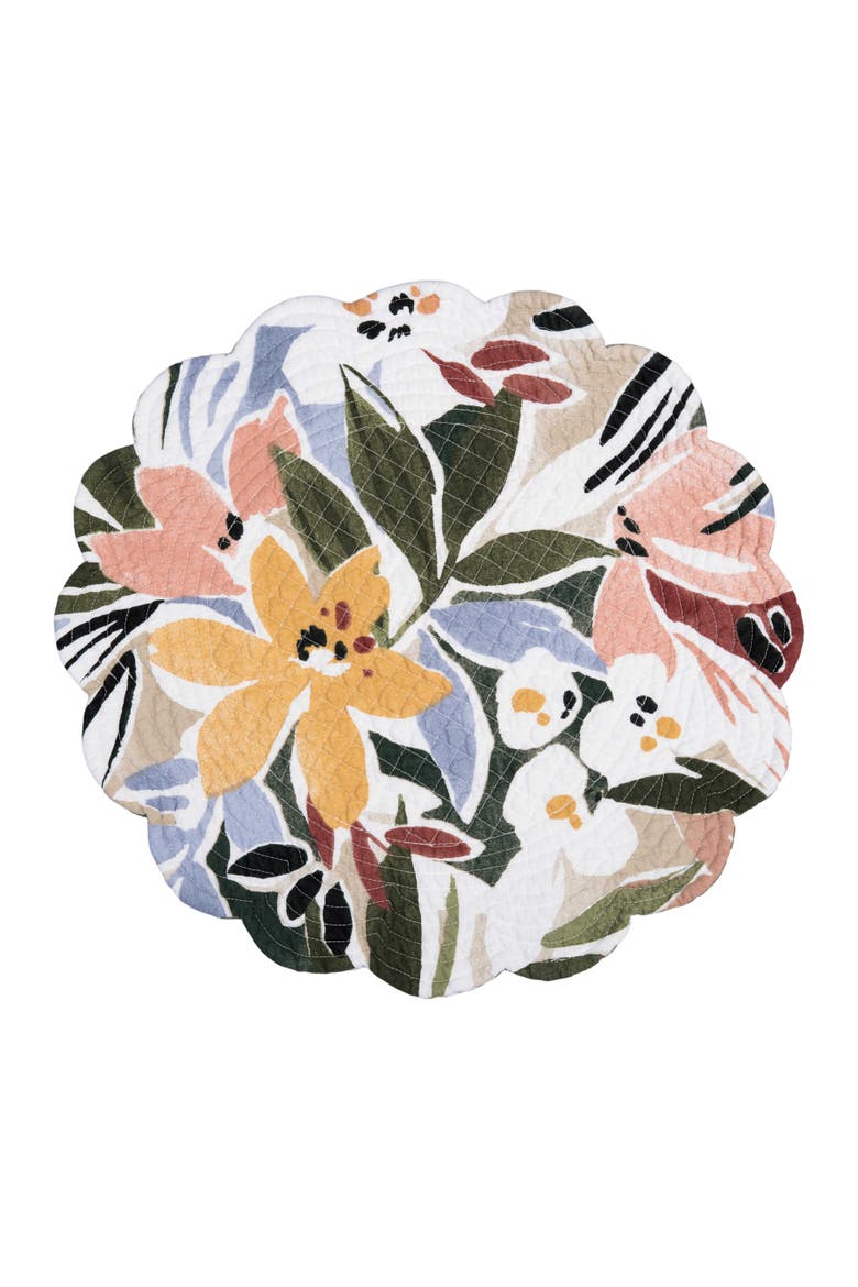 Joelle Palm Leaves & Flowers 100% Cotton Round Set of 6 Placemats 17", Alternate, color, Green