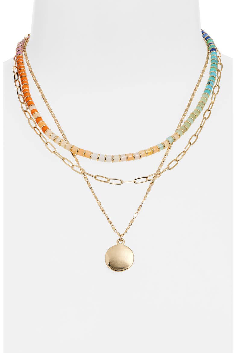 Set of 2 Beaded & Disc Pendant Layered Chain Necklaces, Alternate, color, RAINBOW- GOLD