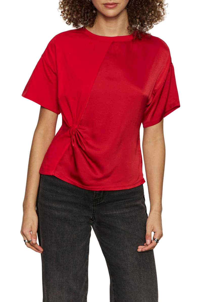 Sanctuary Satin & Cotton Gathered T-Shirt, Main, color, Cherry Lacquer Red