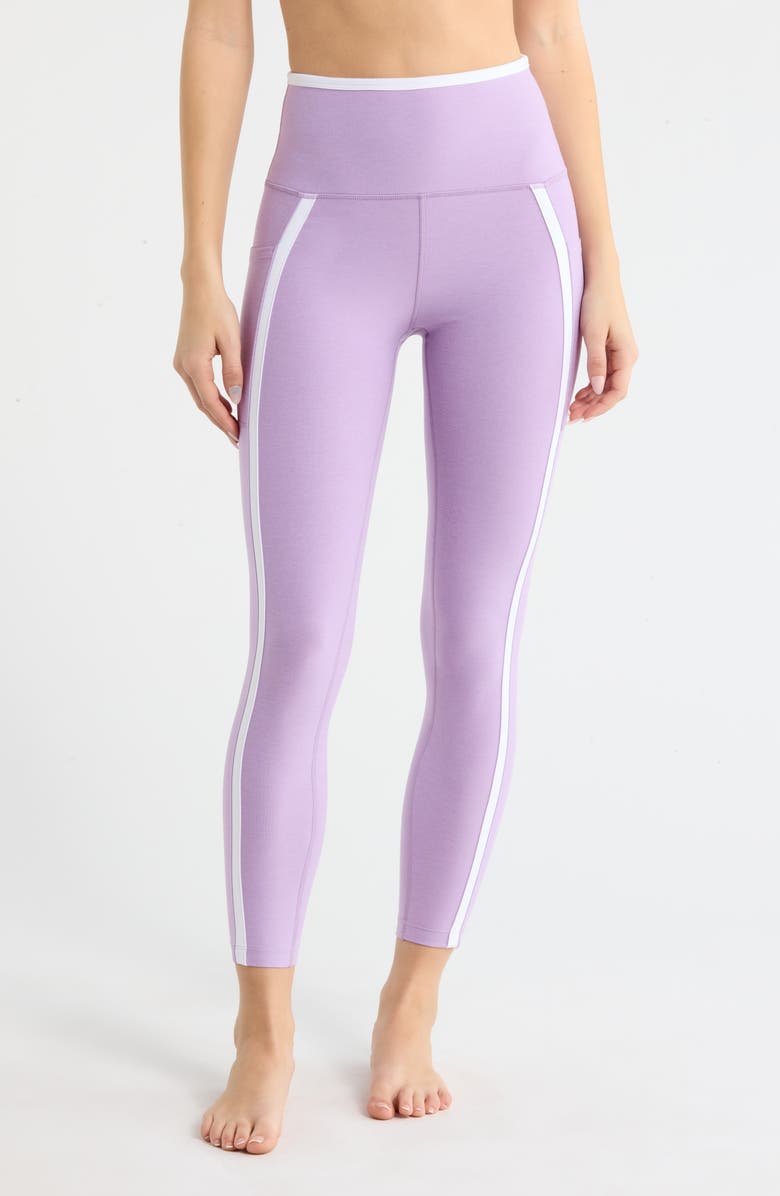 Beyond Yoga Out of Pocket Side Stripe High Waist Pocket Leggings, Main, color, Lilac Petal/ Cloud White