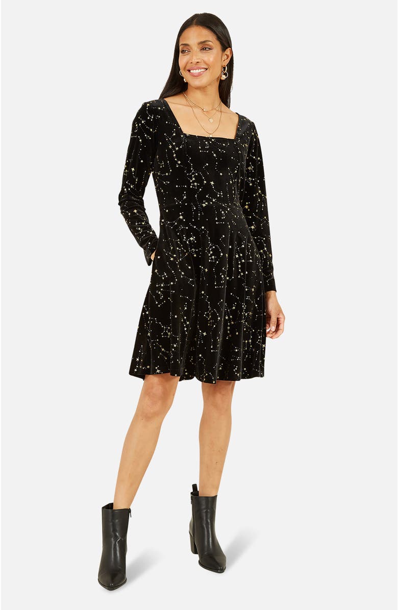Yumi Star Foil Print Skater Dress, Main, color, Black