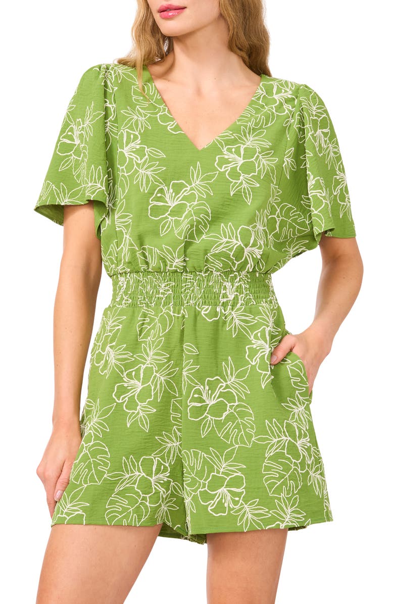 CeCe Floral Embroidered Smocked Waist Romper, Alternate, color, 