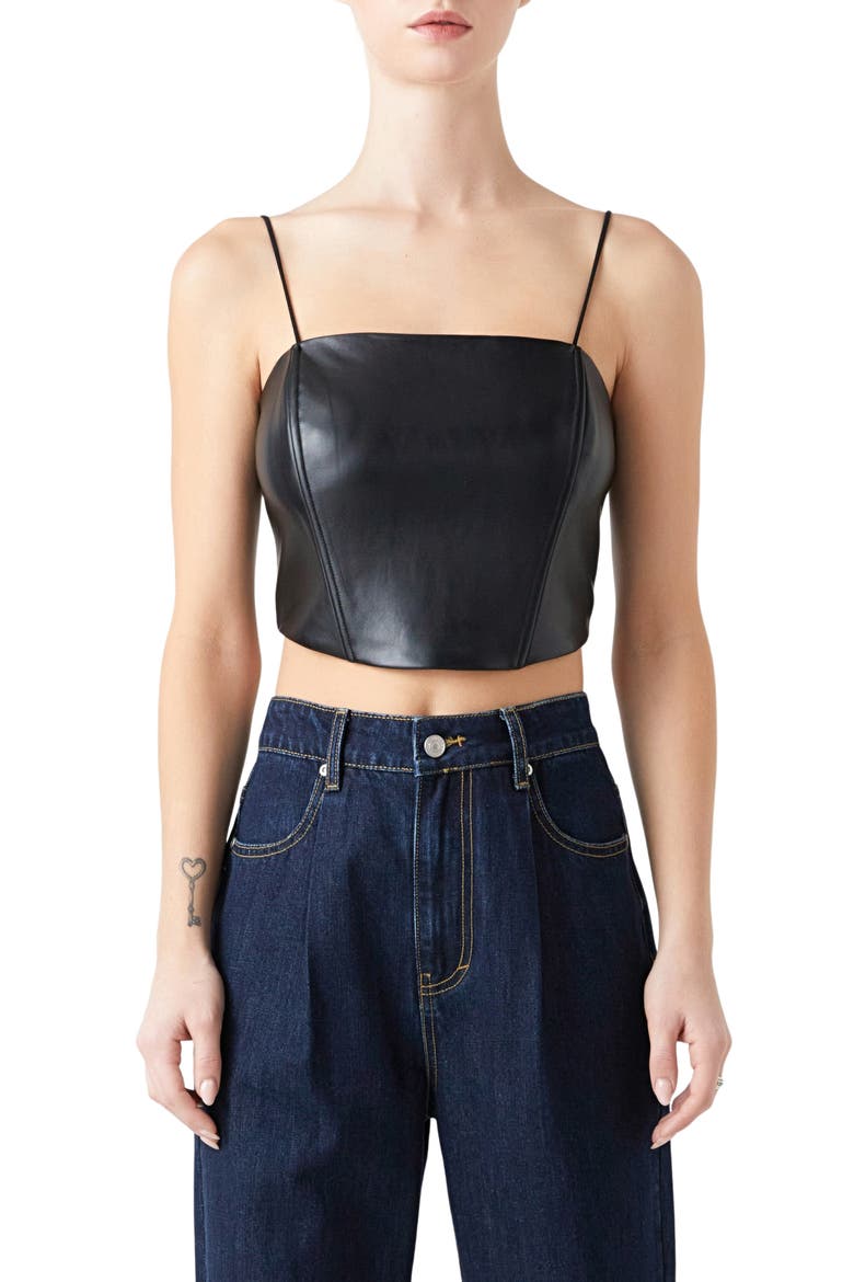 Faux Leather Crop Top, Main, color, BLACK