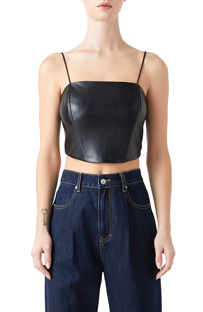 Grey Lab Faux Leather Crop Top, Main, color, Black