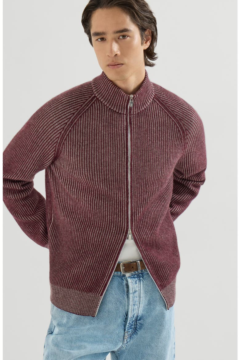 Cashmere vanisé English rib high-neck cardigan with zipper, Alternate, color, Burgundy