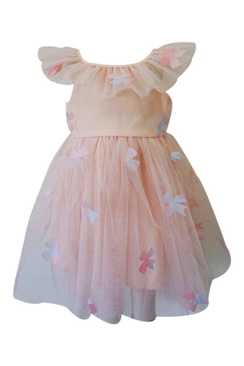 Kids' Flutter Collar 3D Bow Party Dress, Main, color, PEACH