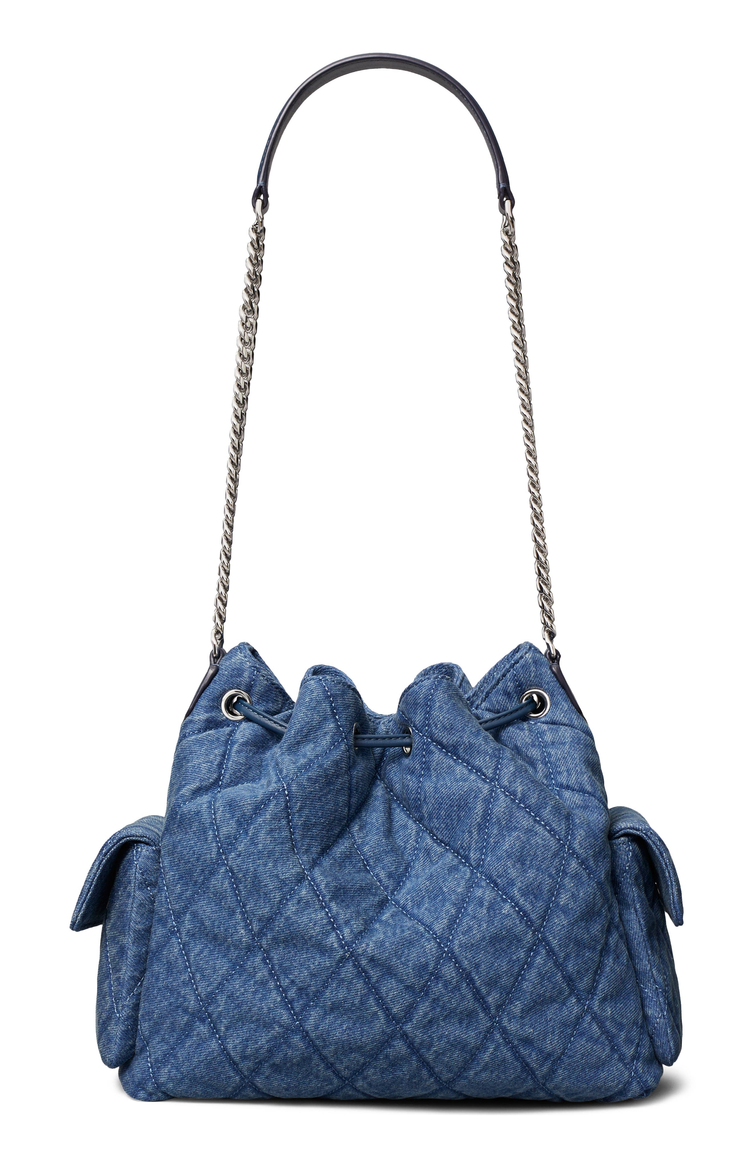 Tory Burch Charlie Quilted Denim Drawstring Shoulder Bag, Alternate, color, Blue