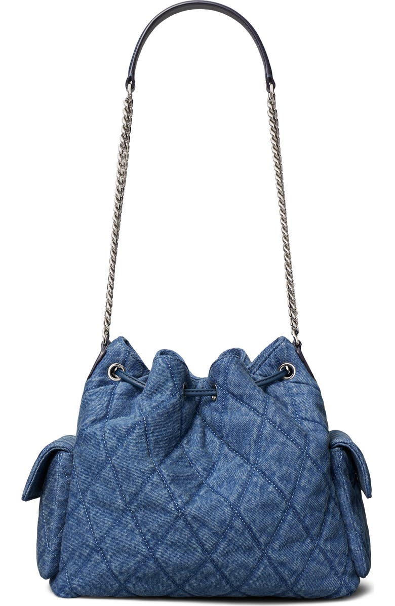 Tory Burch Charlie Quilted Denim Drawstring Shoulder Bag, Alternate, color, Blue