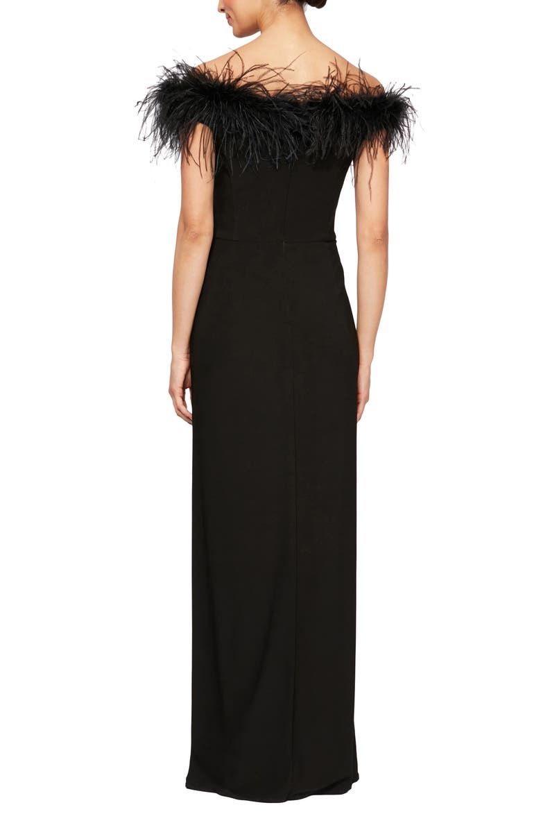 Alex Evenings Feather Trimmed Off the Shoulder Gown, Alternate, color, Black