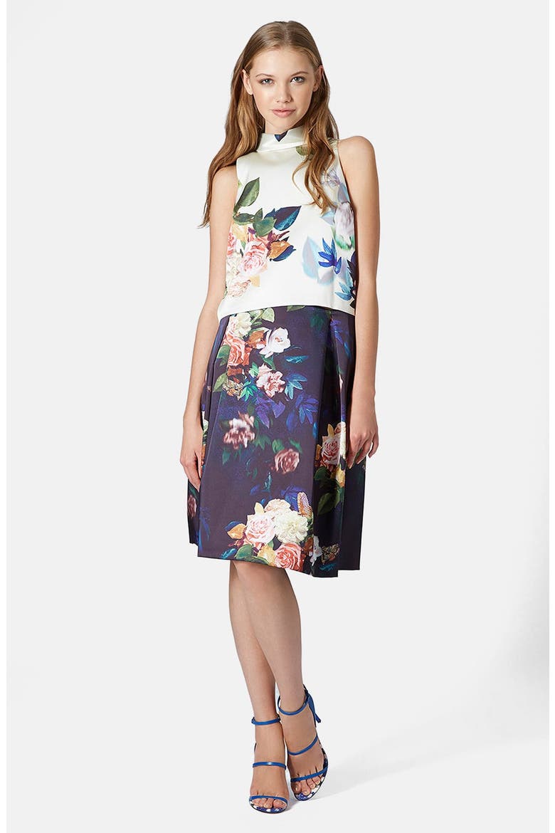 Blur Rose Print Midi Skirt, Alternate, color, NAVY BLUE
