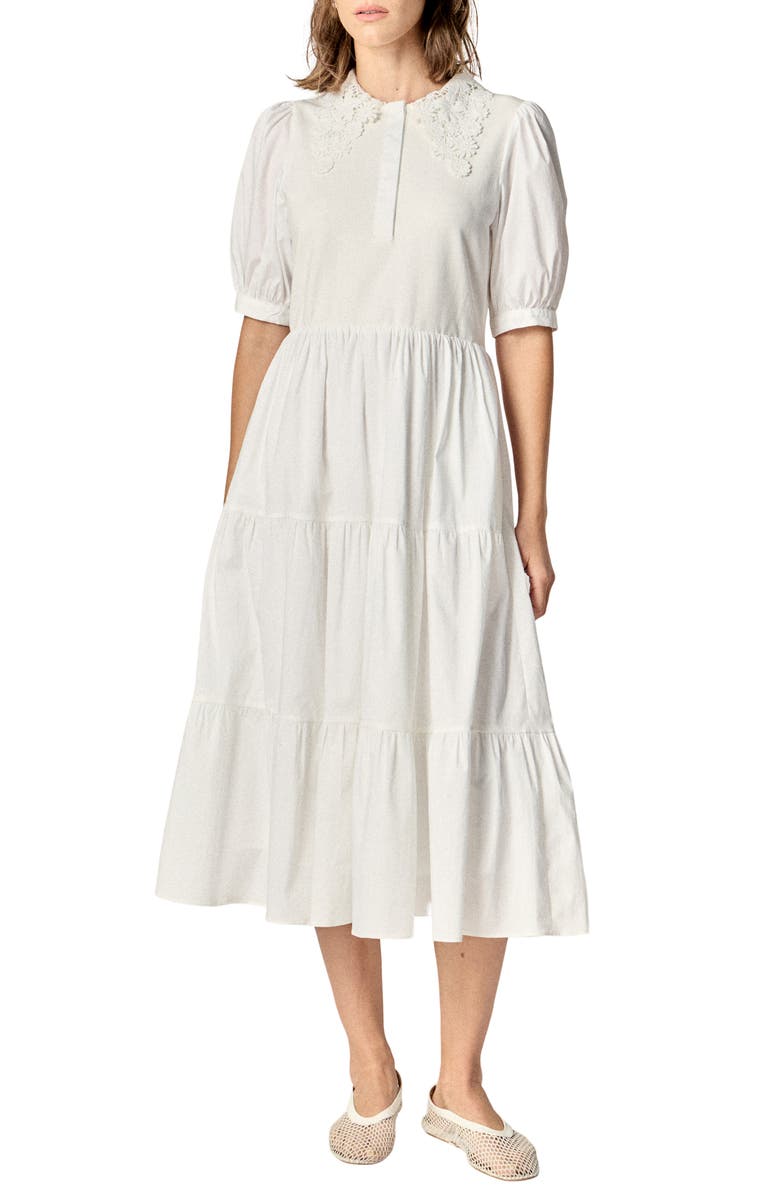 English Factory Short Sleeve Mixed Media Midi Dress, Main, color, White