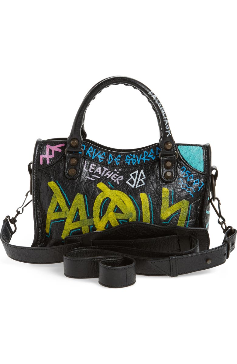 Balenciaga Mini City Graffiti Leather Tote, Alternate, color,