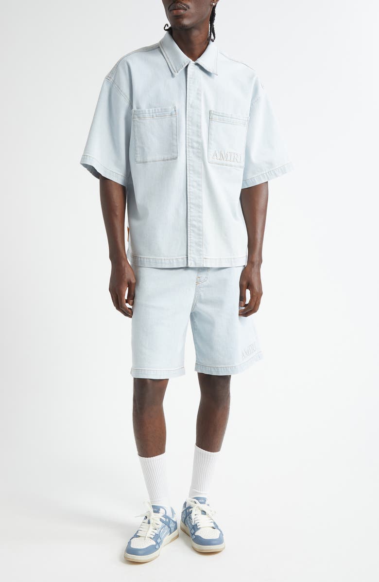 AMIRI 3D Logo Drawstring Denim Shorts, Alternate, color, Light Indigo