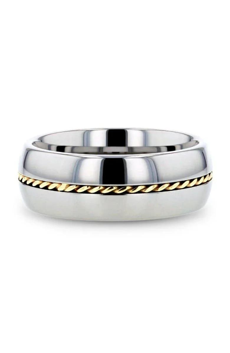 Larson Jewelers Braided 14K Gold Inlay Domed Tungsten Ring, Alternate, color, Silver / Gold Inlay 8Mm