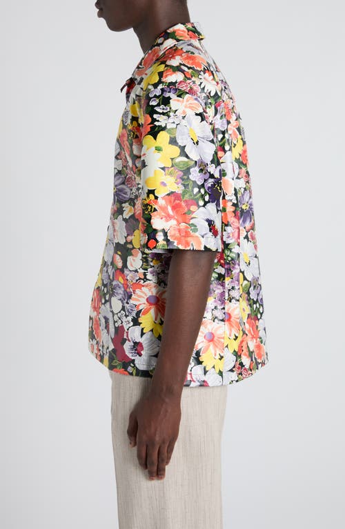 Bottega Veneta Floral Print Leather Camp Shirt In Multi
