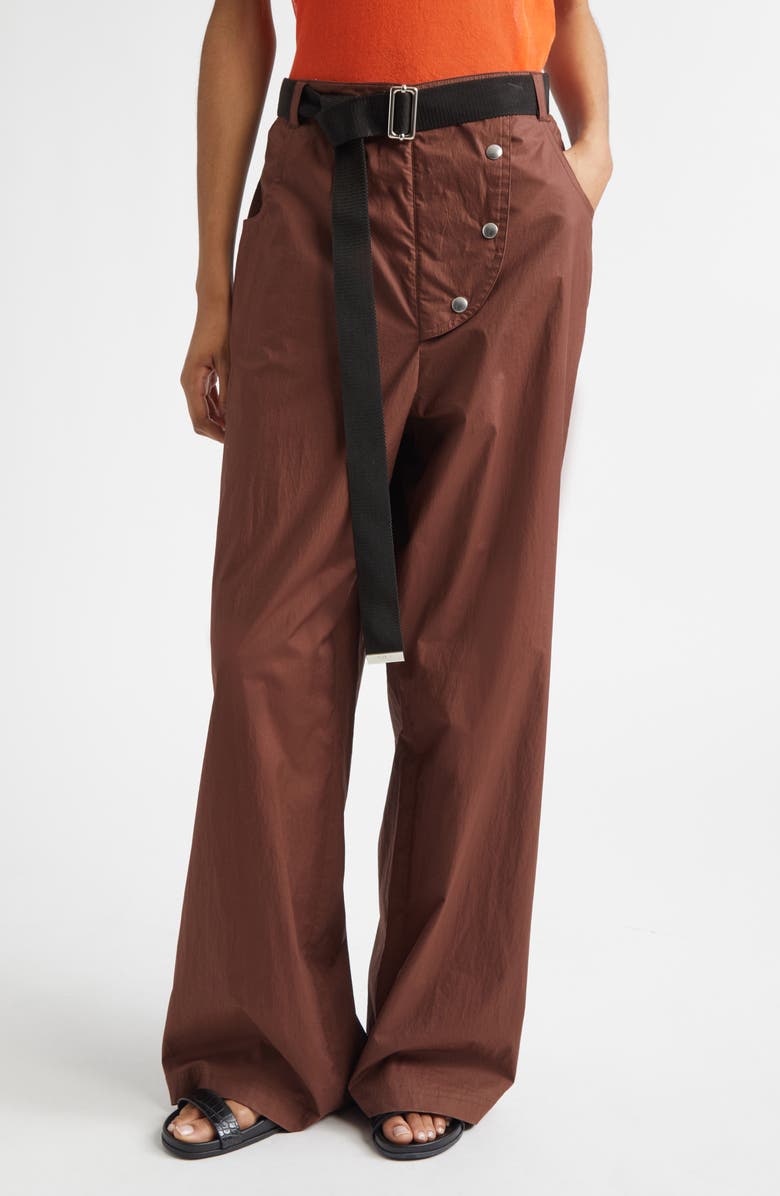 PLAN C Belted Cotton Wide Leg Trousers, Main, color, Coffee