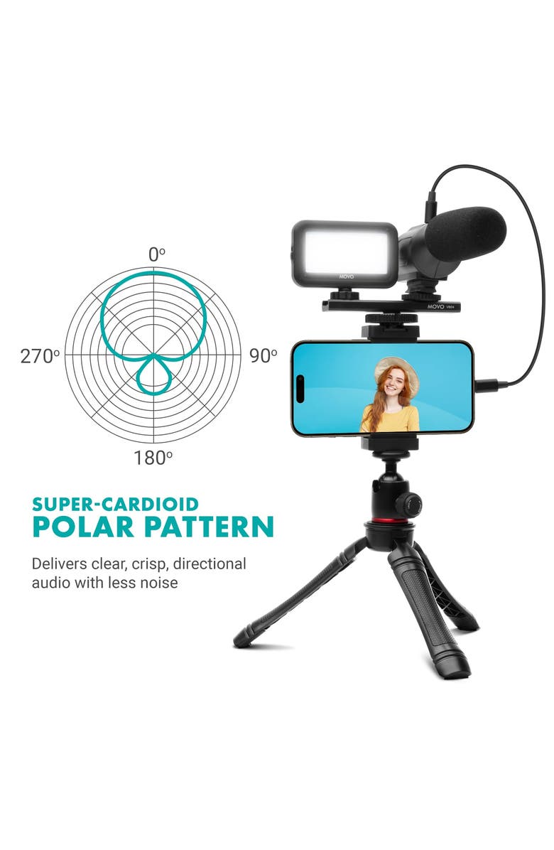 MOVO uVlogger Vlogging Kit for iPhone 15 and up with Light, Mic, Phone Mount, Tripod, Alternate, color, Black