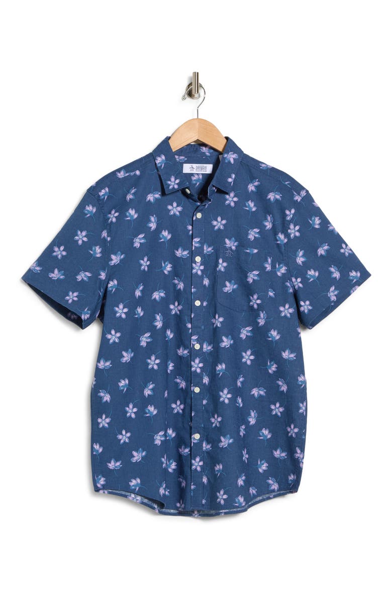 Floral Print Linen & Cotton Button-Up Shirt, Alternate, color, SARGASSO SEA