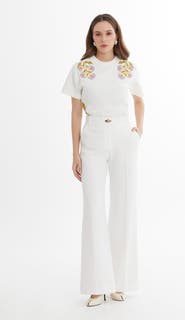 Gizia Pleated Stitch High-Waist Ecru Palazzo Pants