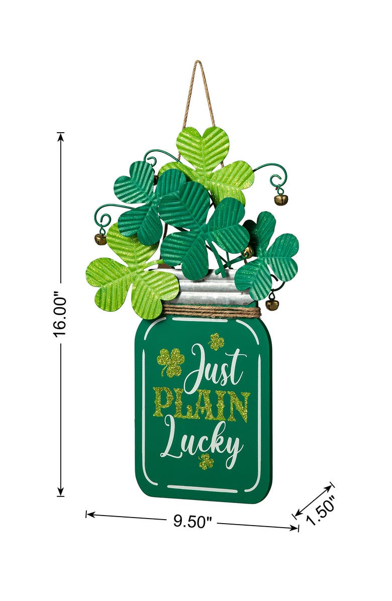 Glitzhome St. Patrick
s Wooden Metal Mason Jar with Shamrock Door Hanger, Alternate, color, Green
