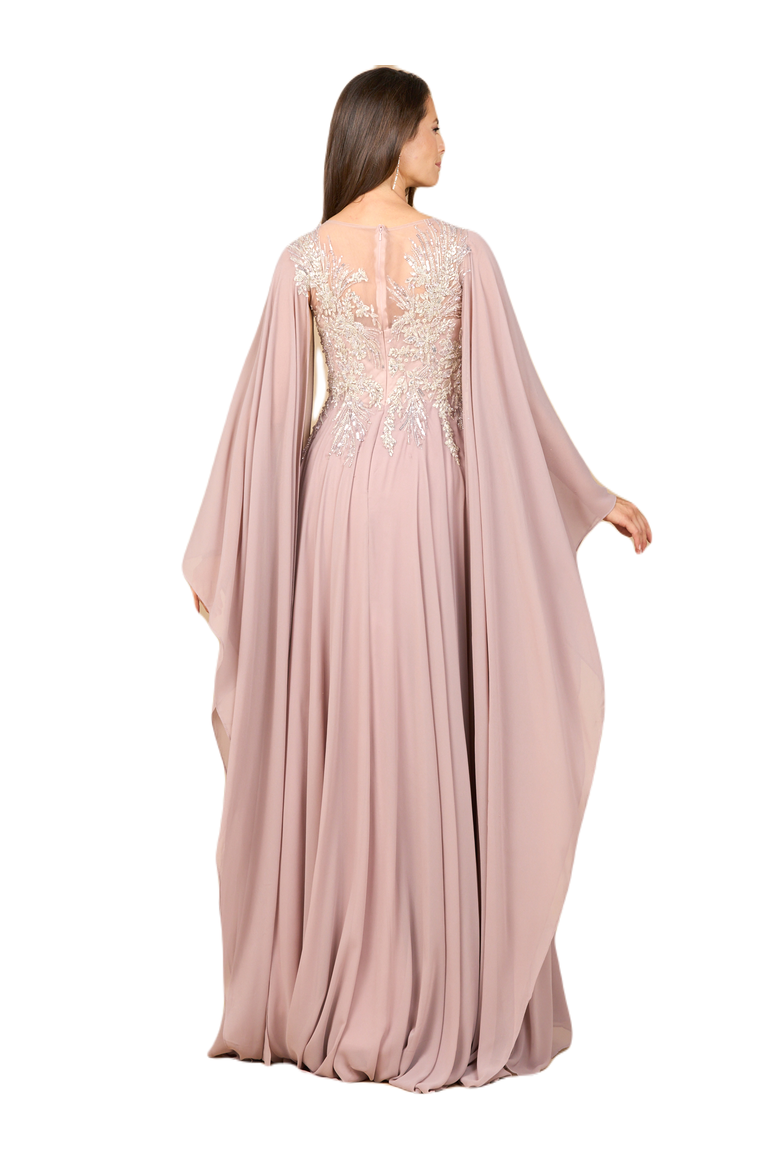 Chiffon A-line Long Gown with Cape Sleeves, Alternate, color, Dusty Rose