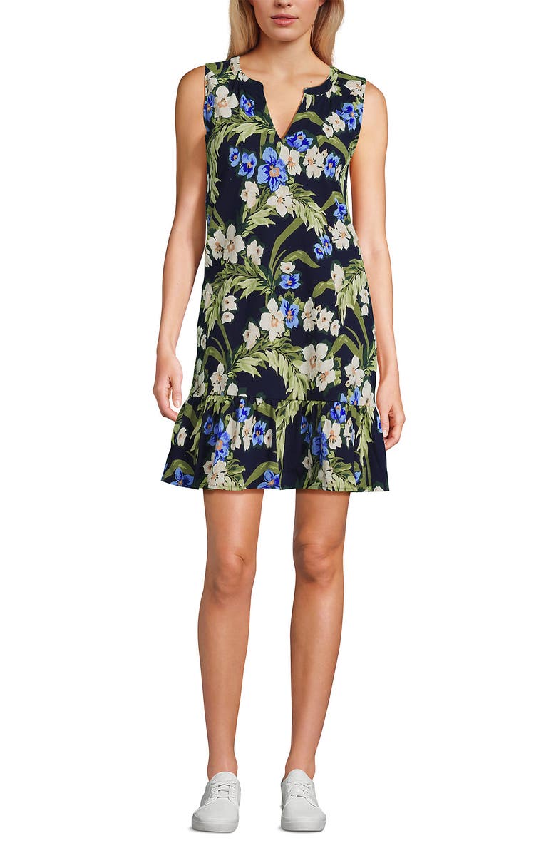 Lands' End Sleeveless Cotton Jersey Notch Neck Flounce Dress, Alternate, color, Deep Sea/Blue Floral Tropic