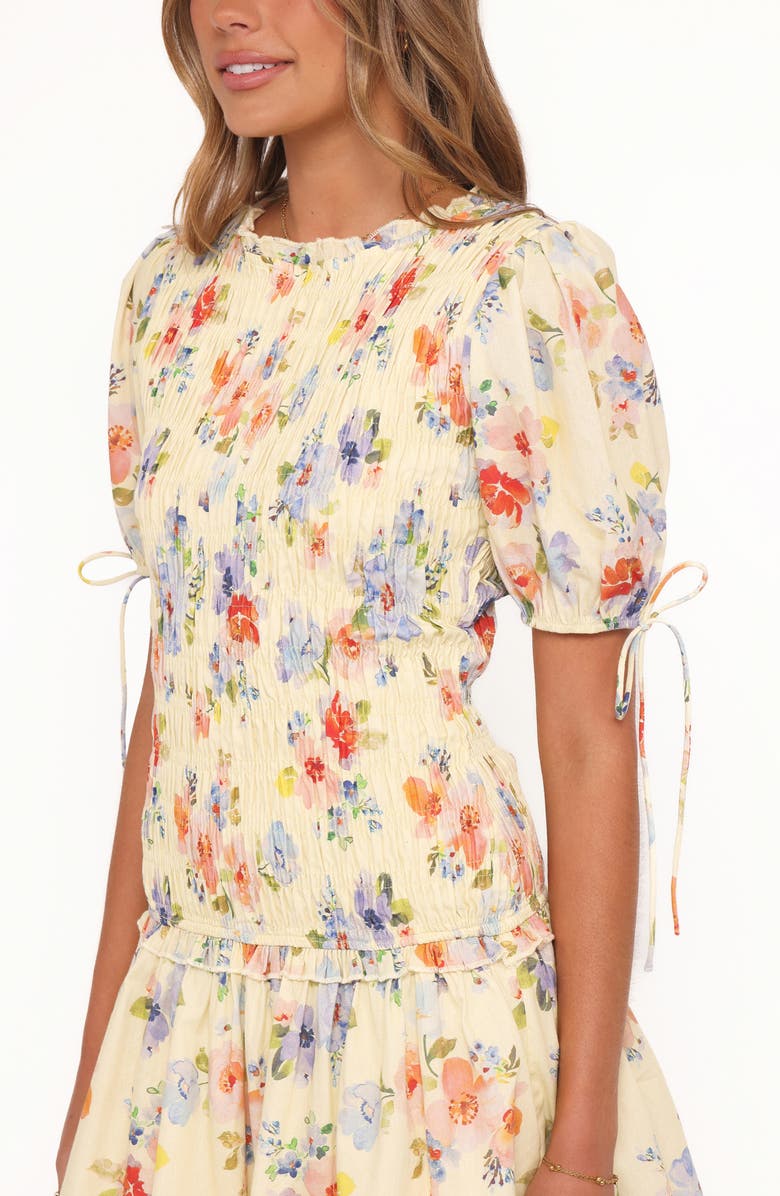 Petal & Pup Kaelyn Floral Smocked Bodice Drop Waist Cotton Minidress, Alternate, color, Yellow Floral