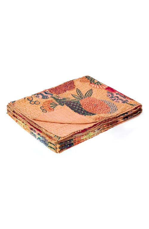 Taj Hotel Vintage Cotton Kantha Throw Blanket In Multi Peach