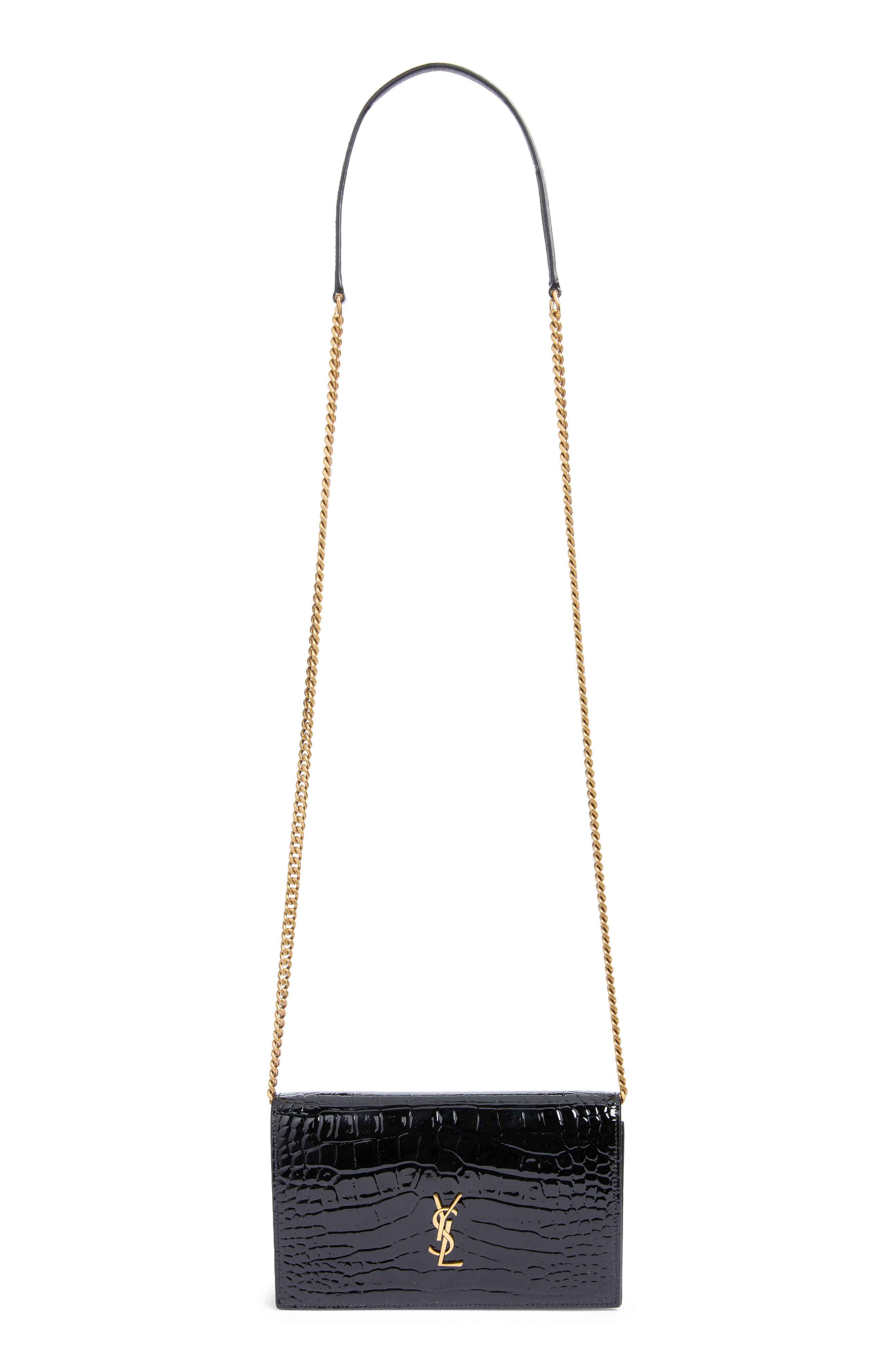 Envelope Croc Embossed Leather Wallet on a Chain, Main, color, NOIR