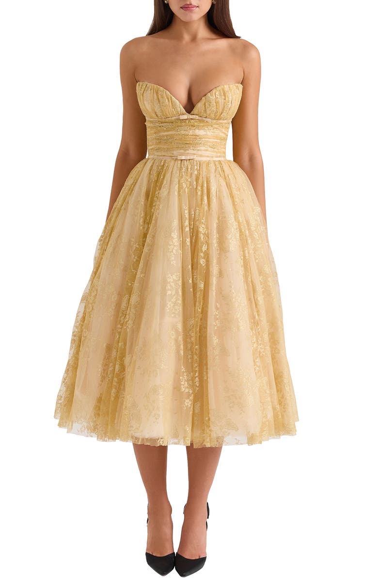 HOUSE OF CB Madame Metallic Gathered Strapless Midi Dress, Main, color, Peach Dust