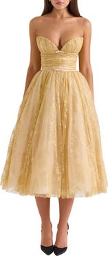 HOUSE OF CB Madame Metallic Gathered Strapless Midi Dress