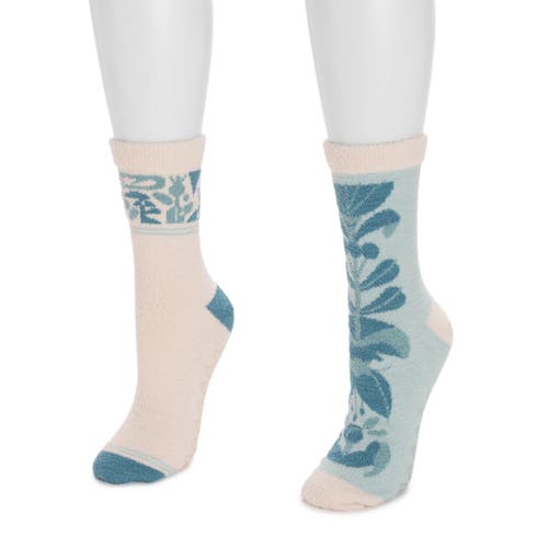 Muk Luks Cozy Compression Gripper Crew Socks 2 Pair Pack In Blue