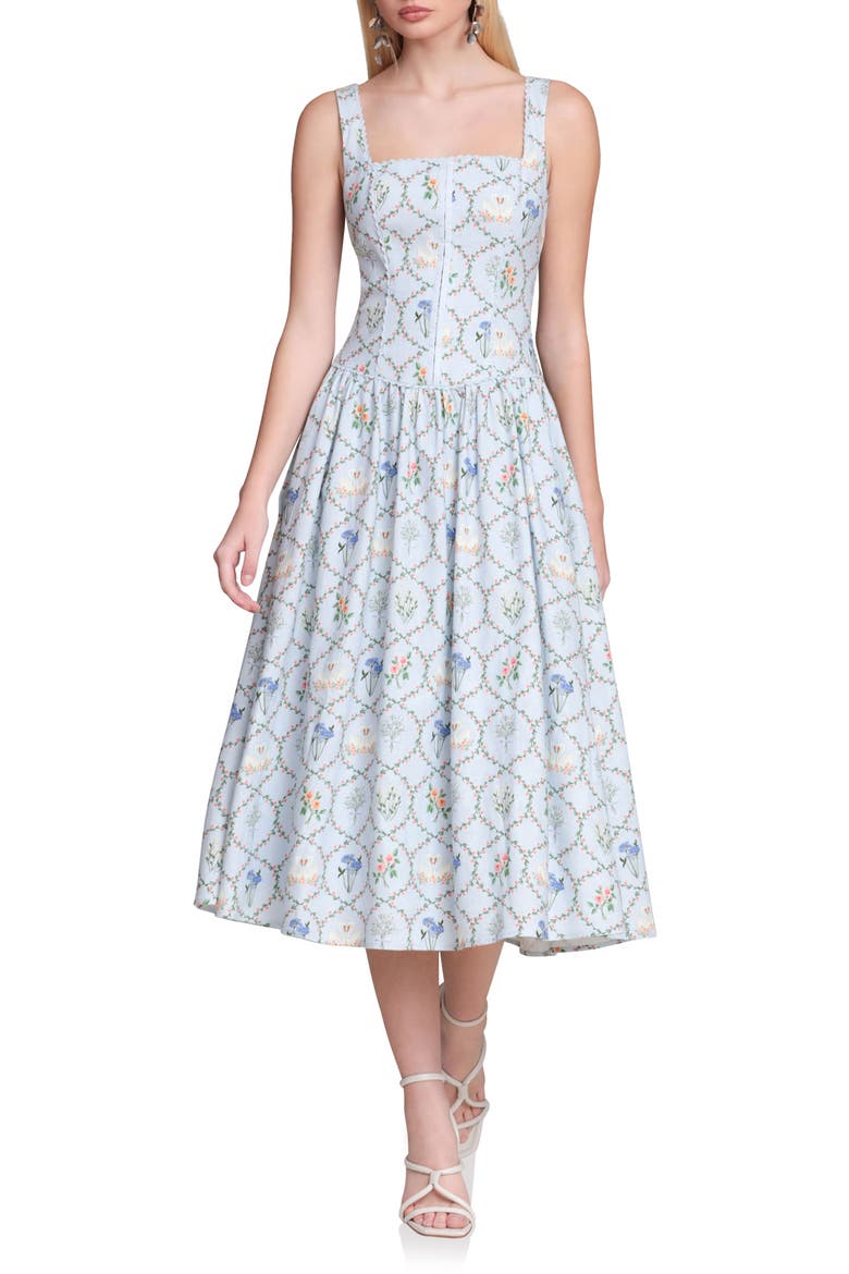 Floral Print Linen Blend Midi Dress, Main, color, PERIWINKLE FELICITY