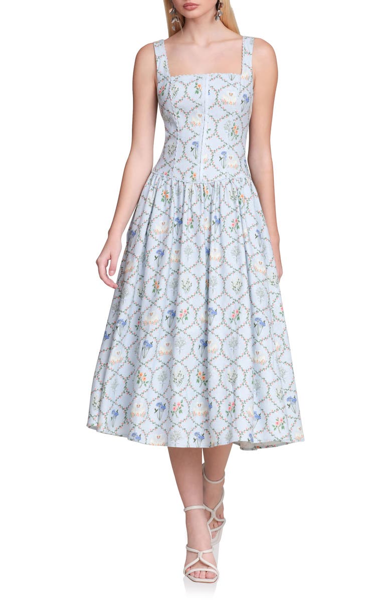 Avec Les Filles Floral Print Linen Blend Midi Dress, Main, color, Periwinkle Felicity