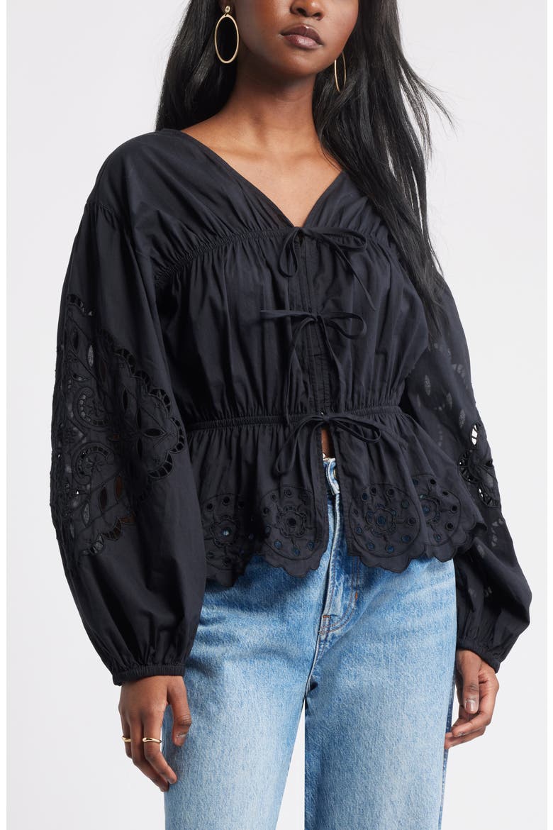 Long Sleeve Cotton Eyelet Top, Main, color, BLACK