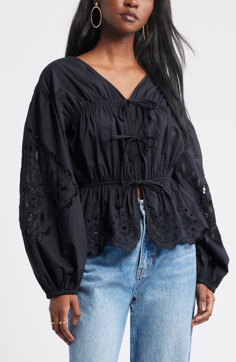 Treasure & Bond Long Sleeve Cotton Eyelet Top, Main, color, Black