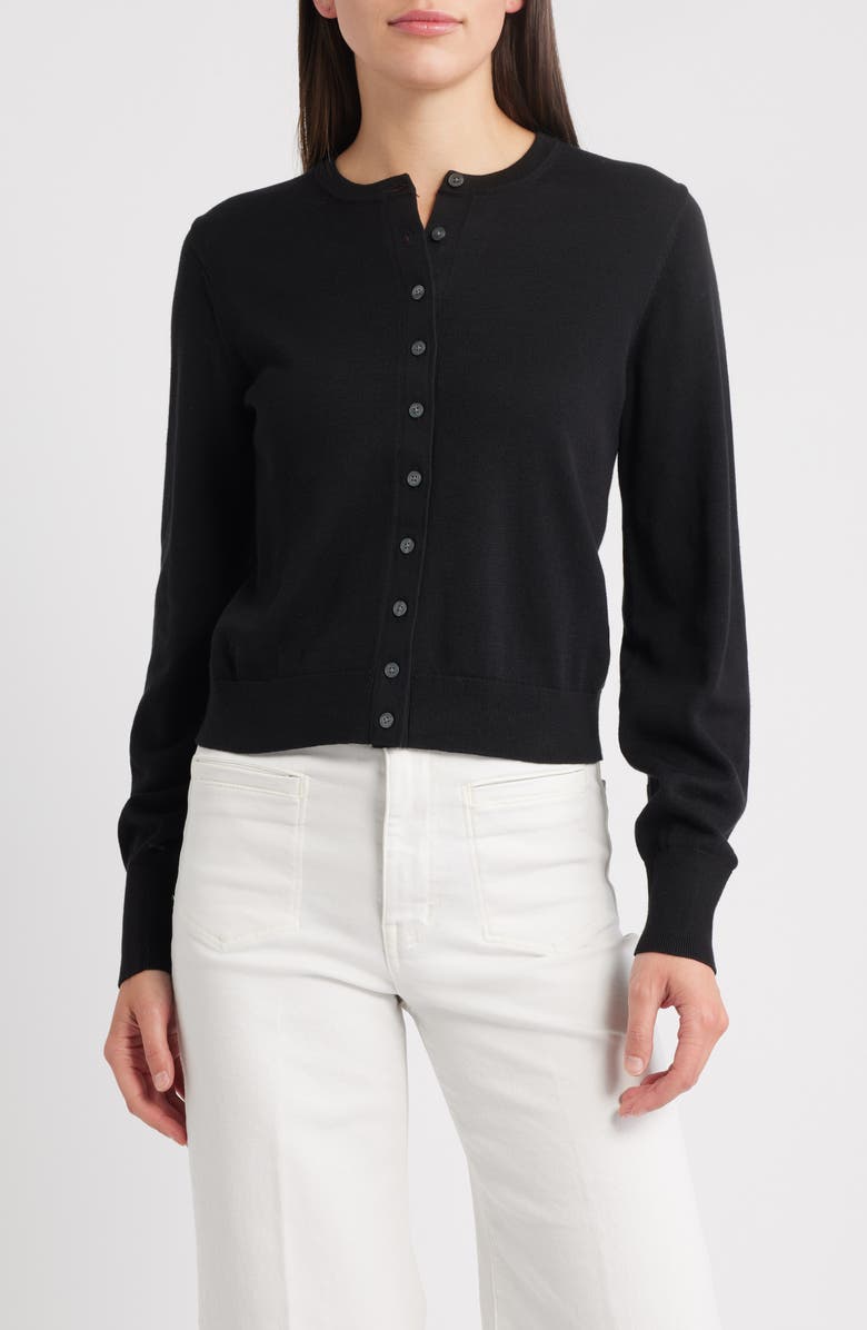 Madewell Cotton Crewneck Cardigan, Main, color, Jet Black