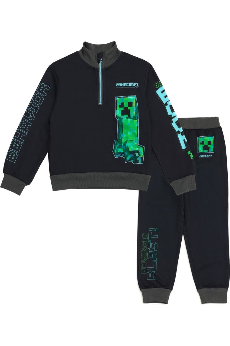 Creeper Fleece Quarter Zip Sweatshirt And Pants Set (little Kid & Big Kid), Main, color, Black Green Creeper