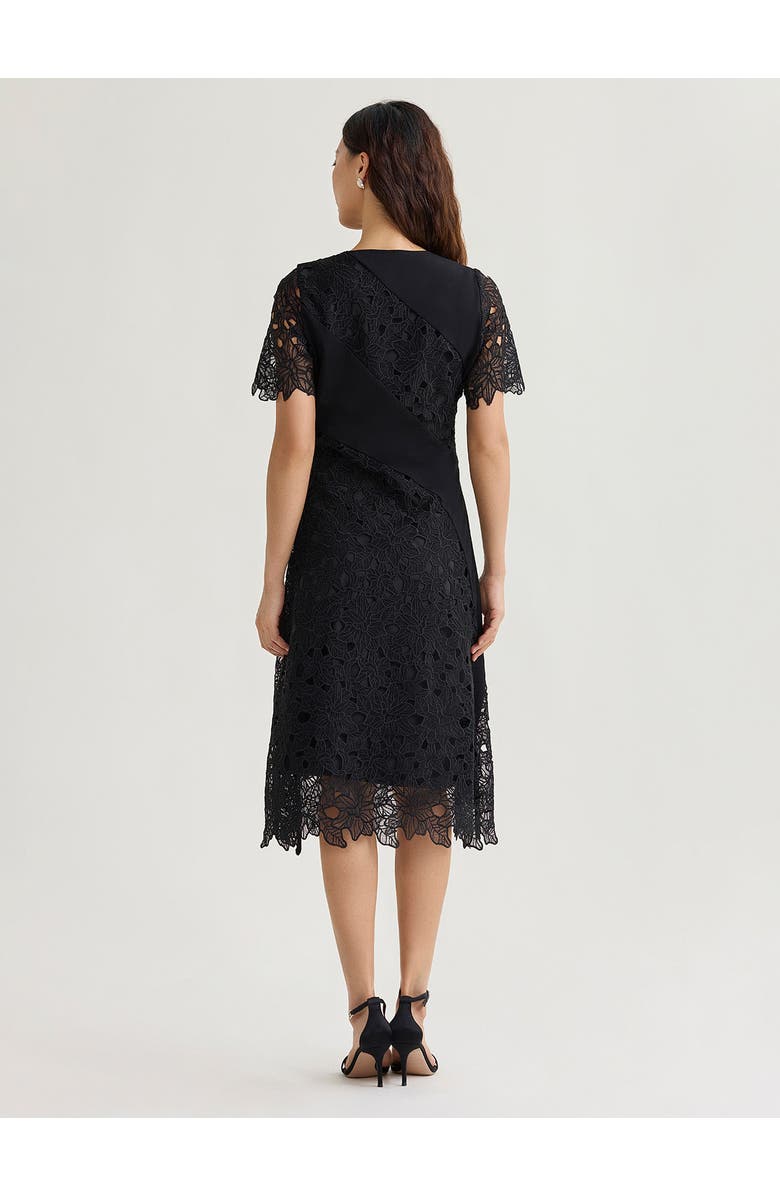 Misook Fit & Flare Lined Laced Mixed Media Midi Dress, Alternate, color, Black