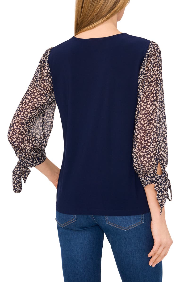 CeCe Tie Cuff Mixed Media Crepe Knit Top, Alternate, color, Classic Navy