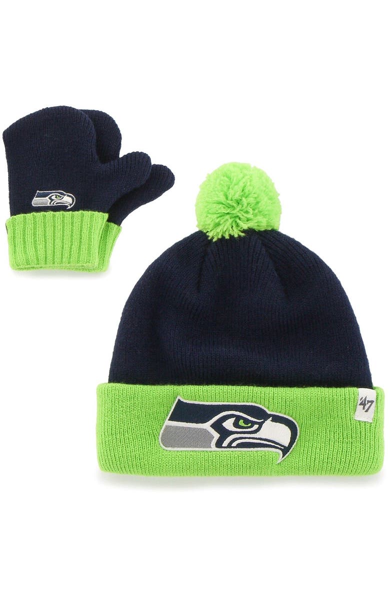 '47 Infant '47 College Navy/Neon Green Seattle Seahawks Bam Bam Cuffed Knit Hat With Pom and Mittens Set, Main, color, 